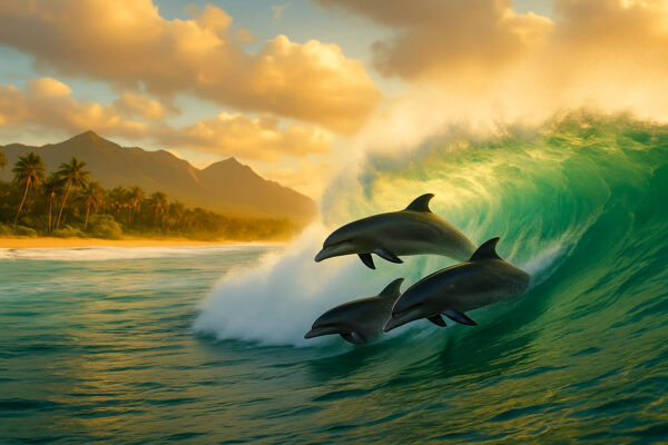 Tropical Glide – Dolphins Surfing Island Canvas