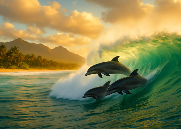 Tropical Glide – Dolphins Surfing Island Canvas