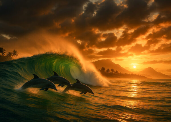Golden Current – Sunset Wave & Dolphins Canvas