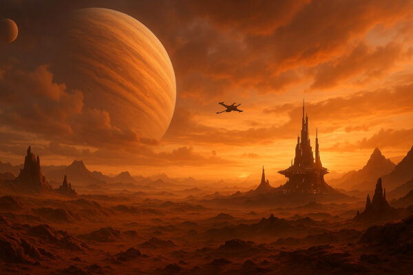 Solar Ascent – Sci-Fi Desert World with Giant Planet Mural