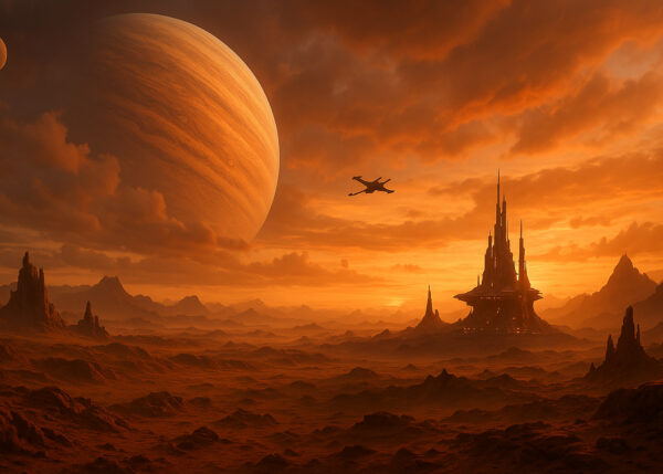 Solar Ascent – Sci-Fi Desert World with Giant Planet Mural