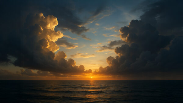 Golden Passage – Tranquil Ocean Sunset with Towering Clouds