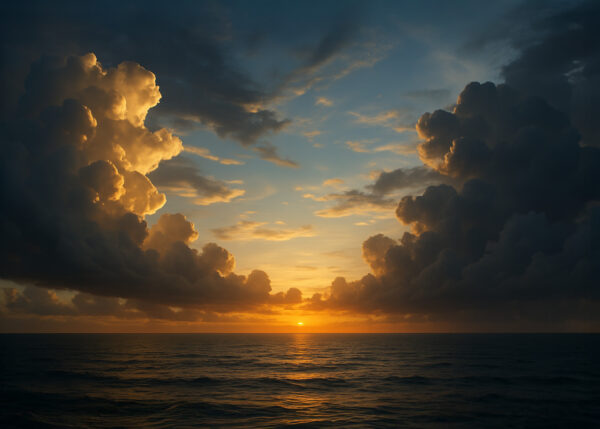 Golden Passage – Tranquil Ocean Sunset with Towering Clouds